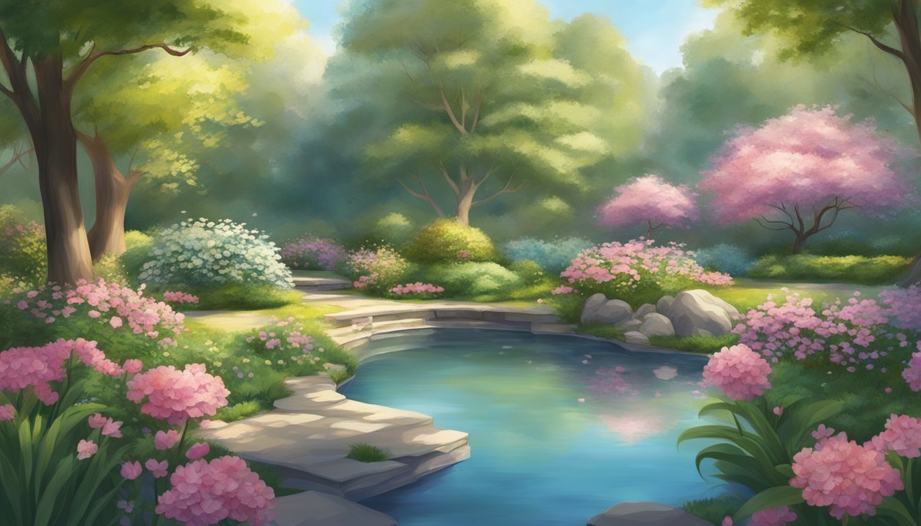 A serene garden with blooming flowers, a tranquil pond, and gentle sunlight filtering through the trees, evoking a sense of inner peace and harmony in daily life