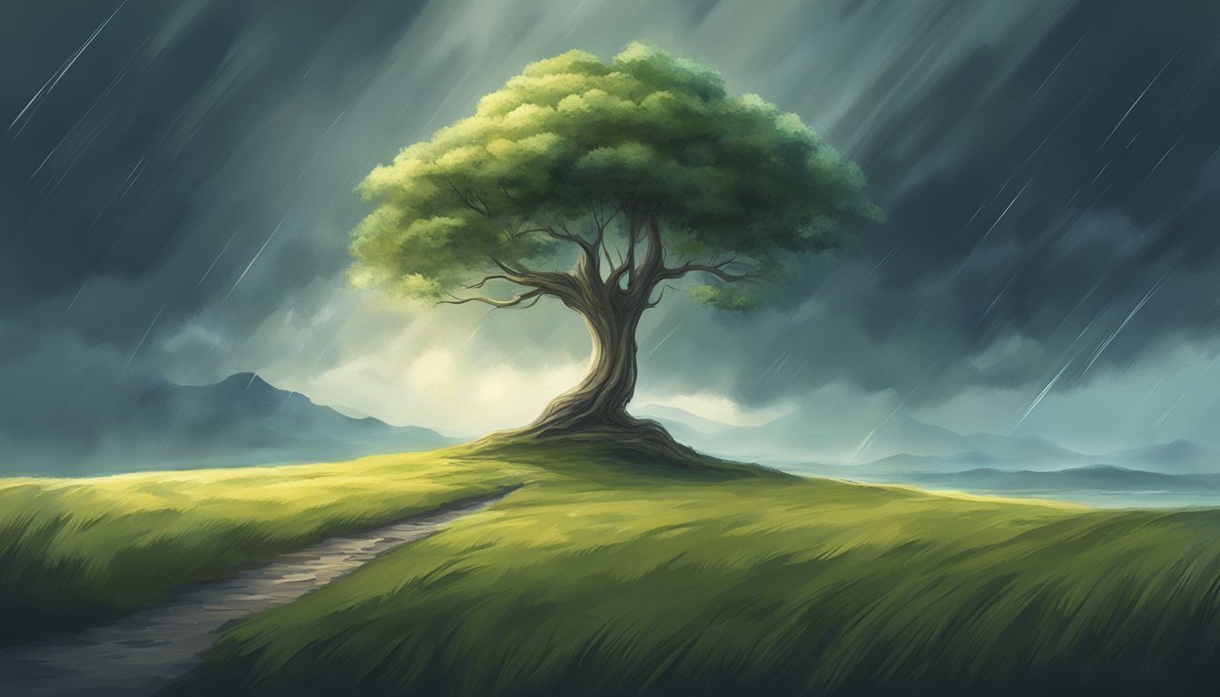 A serene landscape with a solitary tree standing tall amidst a storm, symbolizing emotional resilience and inner peace