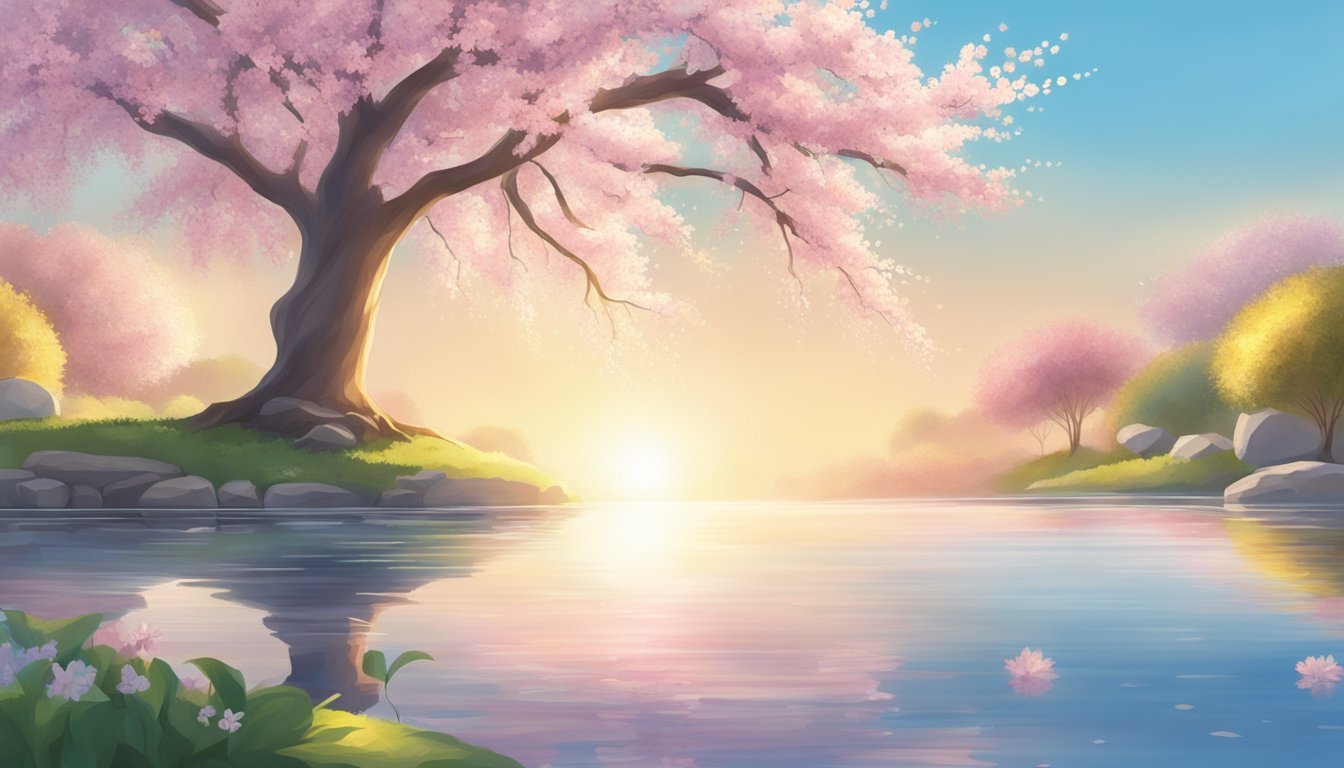 A serene garden with a blossoming cherry tree, surrounded by tranquil water and a radiant sun shining down from a clear blue sky