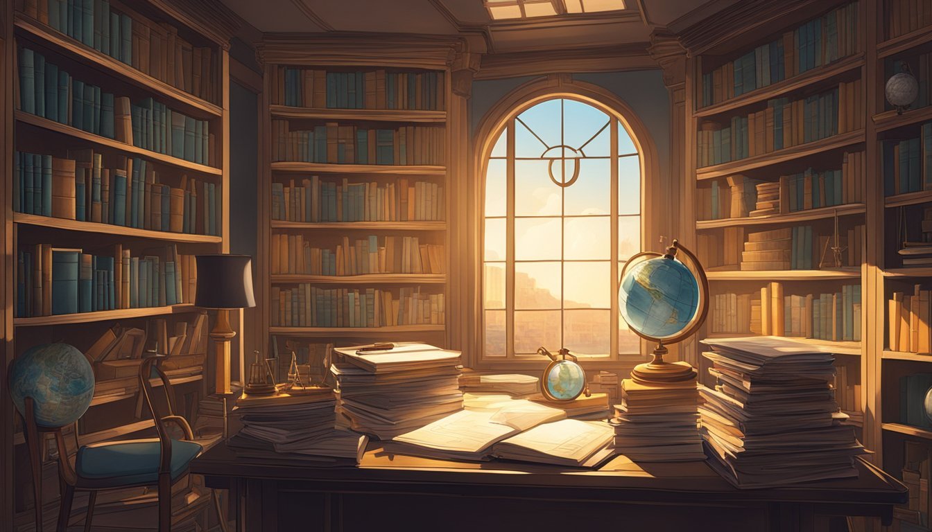 A dimly lit study with shelves of books, a globe, and scientific instruments.</p><p>Sunlight streams through a window, illuminating a desk covered in papers and quill pens