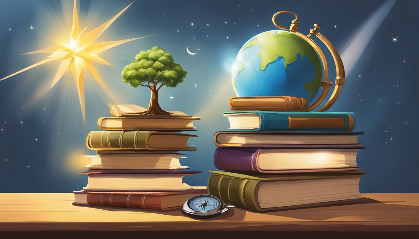 A bright light shines over a stack of books, with a compass, globe, and quill nearby.</p><p>A tree of knowledge grows in the background, symbolizing the spread of Enlightenment ideas