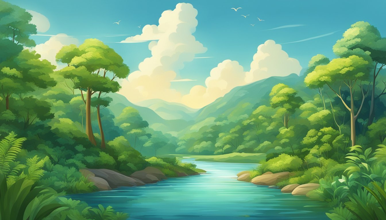 A lush forest with diverse flora and fauna, a flowing river, and a clear blue sky, evoking a sense of harmony and mindfulness