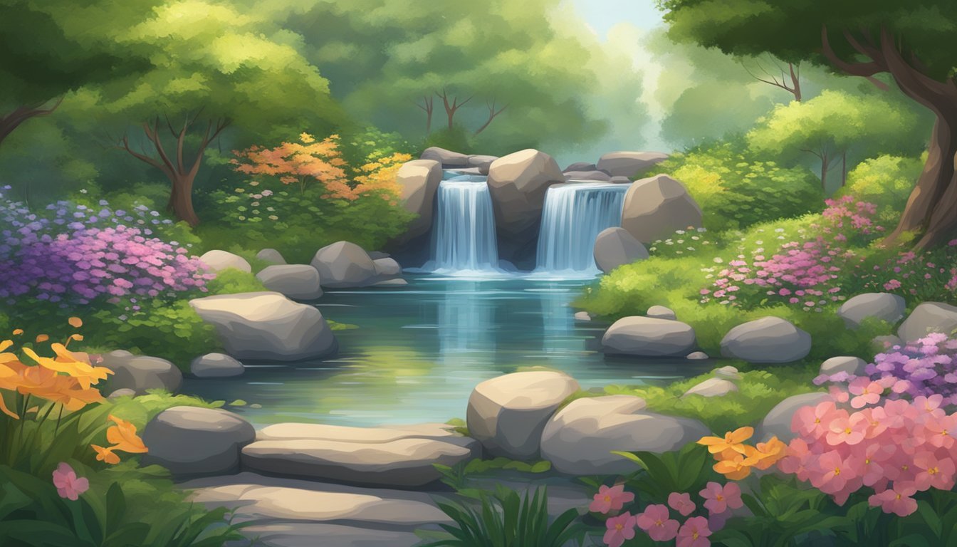 A serene garden with blooming flowers, a flowing stream, and a tranquil meditation space, surrounded by lush greenery and gentle sounds of nature