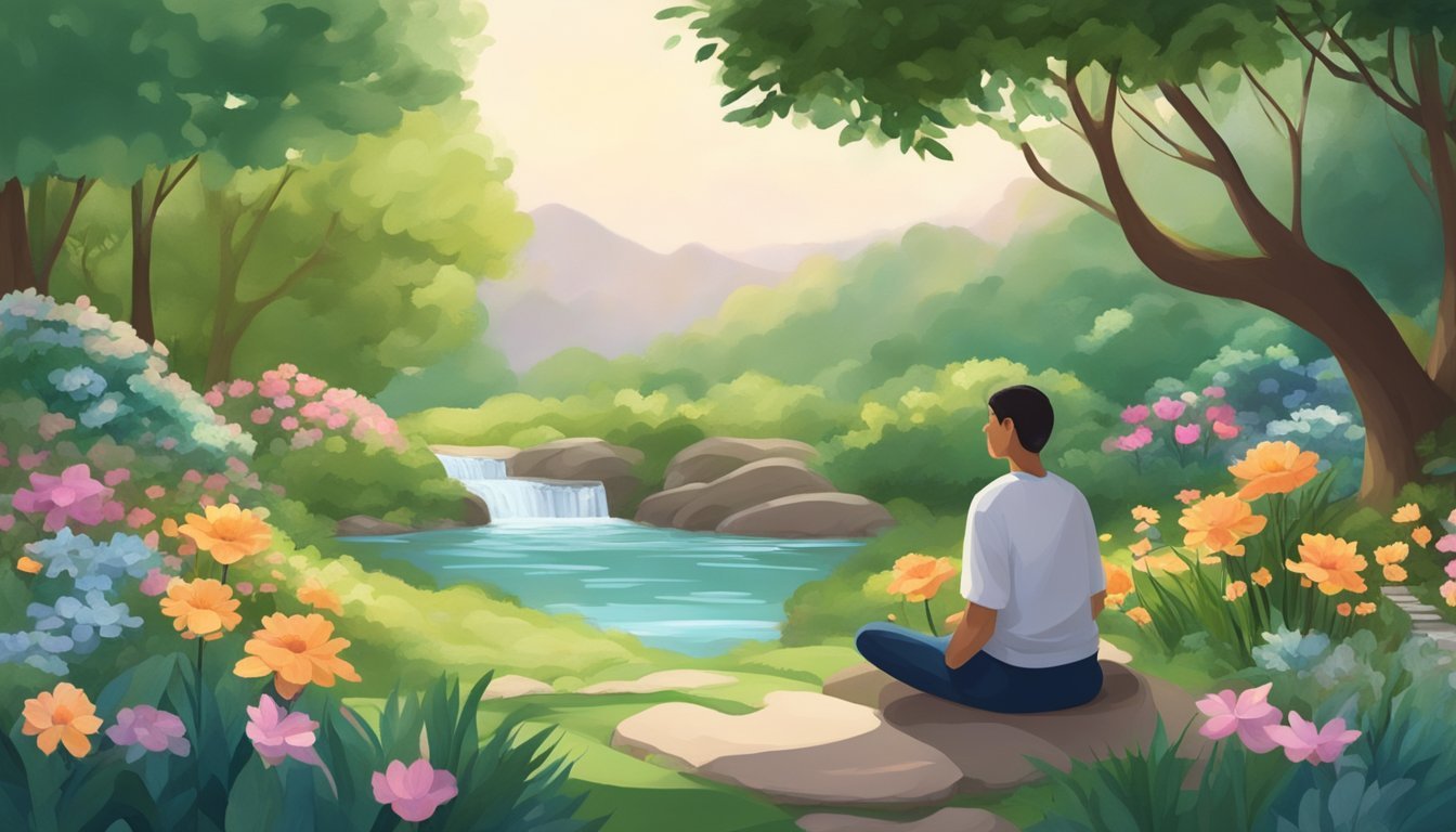 A serene garden with a flowing stream, lush greenery, and a variety of blooming flowers.</p><p>A person sits in meditation, surrounded by nature, with a sense of peace and mindfulness