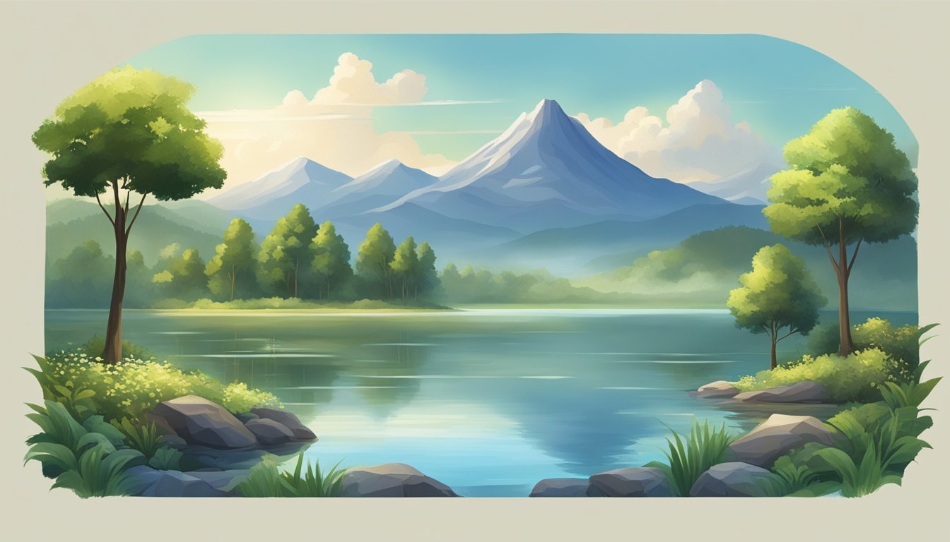 A serene landscape with a tranquil lake, lush greenery, and a distant mountain range, evoking a sense of peace and spiritual connection