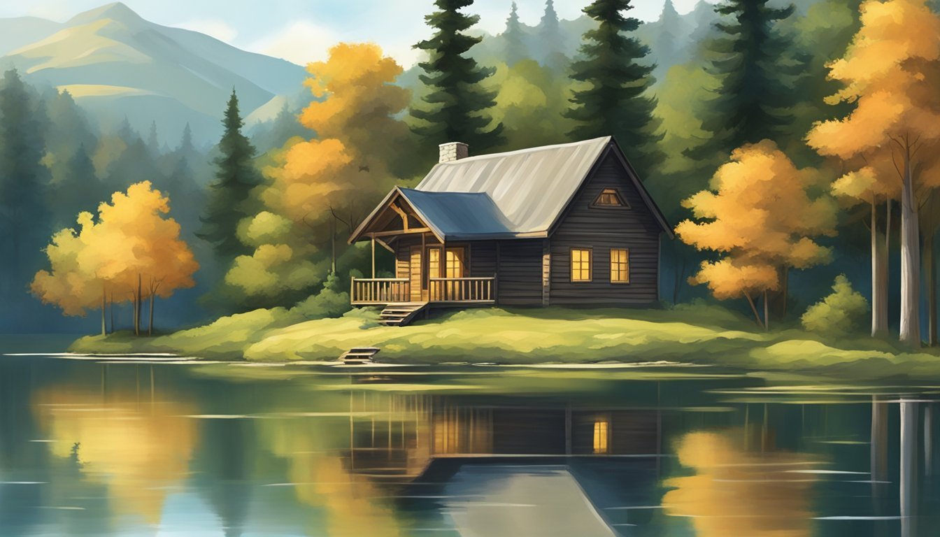 A serene landscape with a tranquil lake, surrounded by lush greenery and tall trees.</p><p>A small, peaceful cabin sits nestled in the woods, inviting visitors to seek solace and reflection