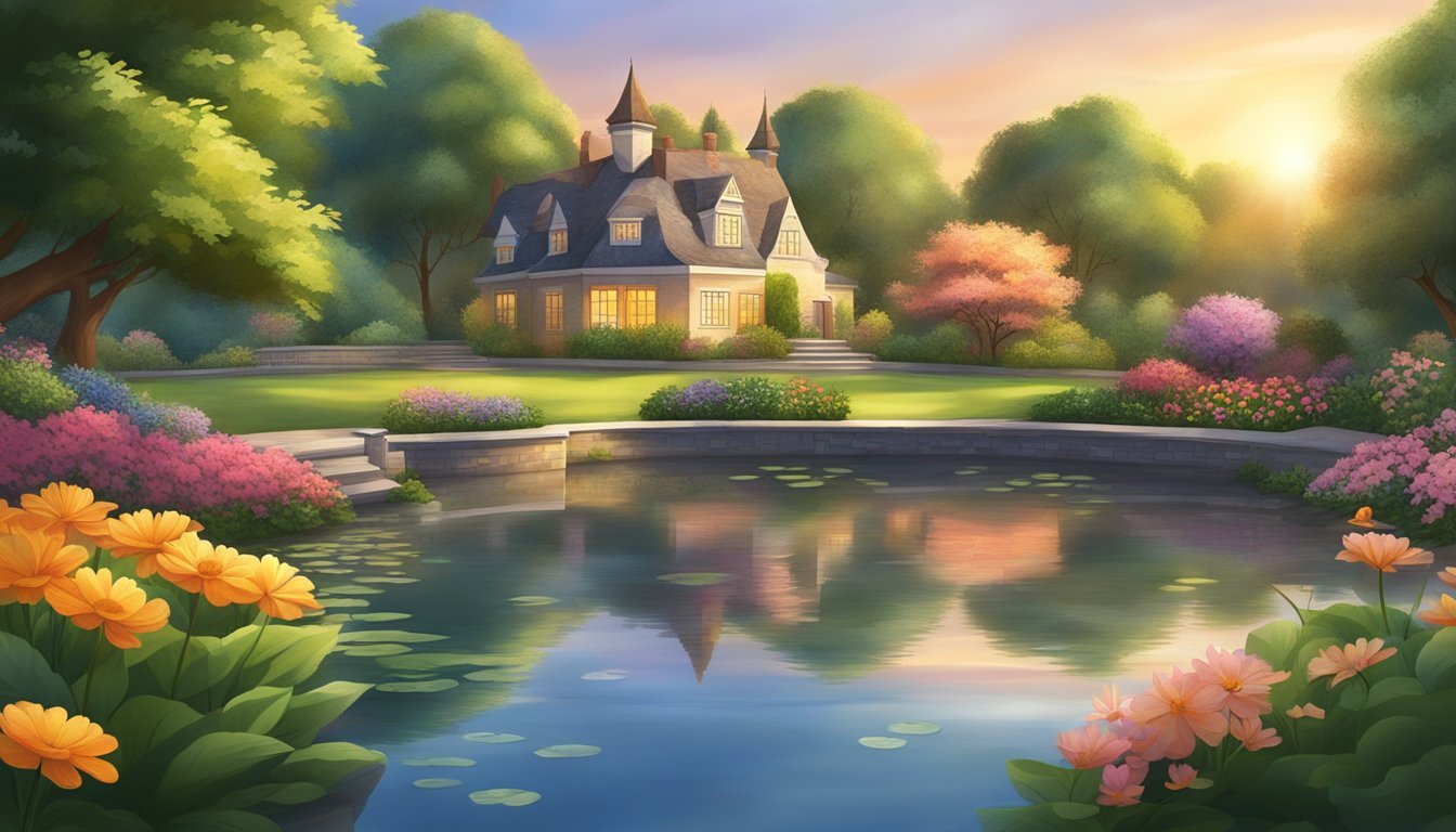 A serene garden with a peaceful pond, surrounded by lush greenery and colorful flowers.</p><p>The sun is setting, casting a warm glow over the tranquil scene