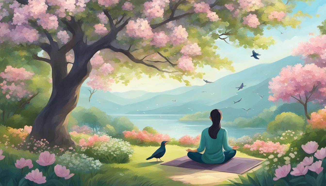 A serene garden with a person meditating under a tree, surrounded by blooming flowers and chirping birds