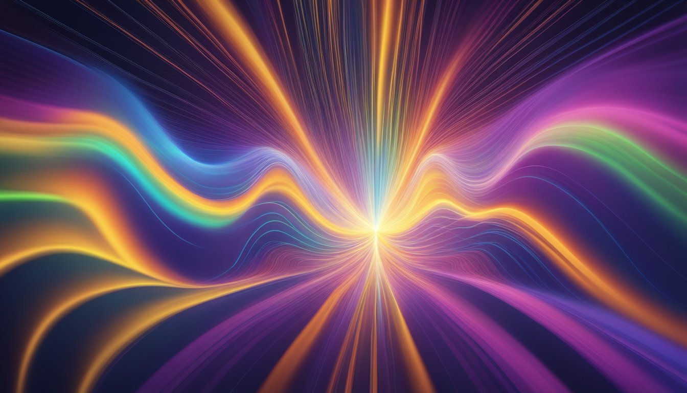 A vibrant spectrum of light waves emanates from a central source, pulsating and radiating outward in all directions