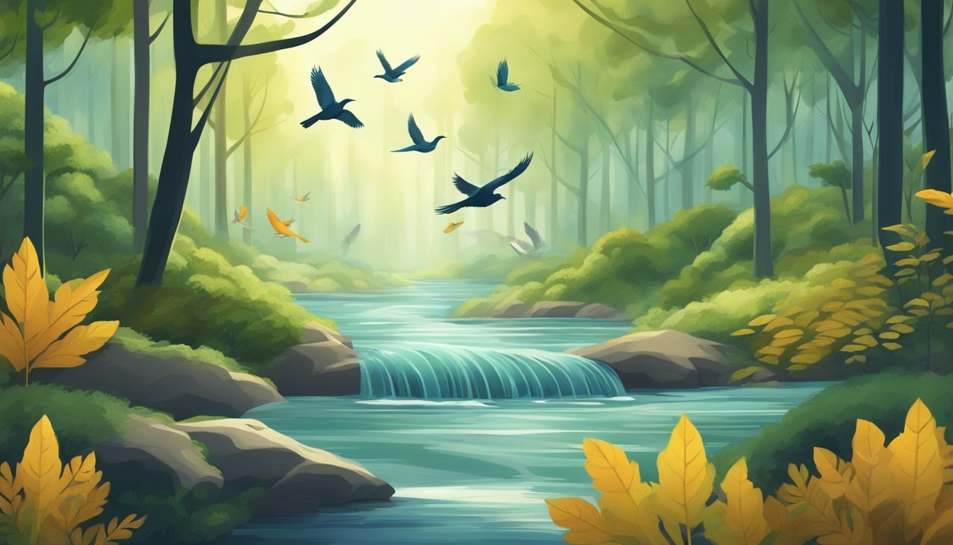 A serene forest with sound waves emanating from various natural elements like flowing water, rustling leaves, and singing birds