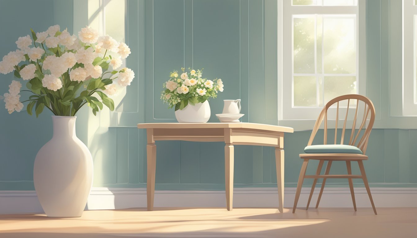 A serene room with soft lighting, a comfortable chair, and a small table holding a vase of fresh flowers.</p><p>A peaceful atmosphere with calming decor and a sense of tranquility