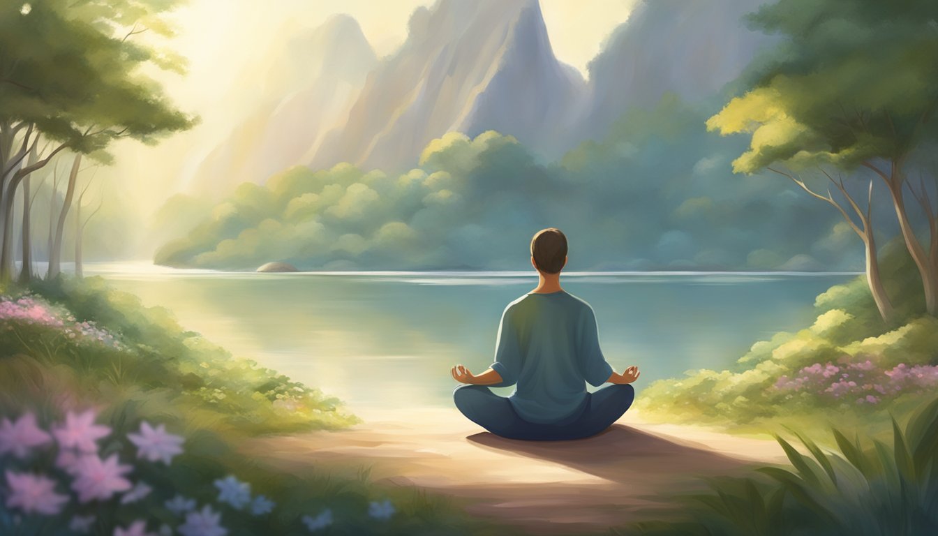 A serene figure meditates in a peaceful natural setting, surrounded by soft light and gentle energy