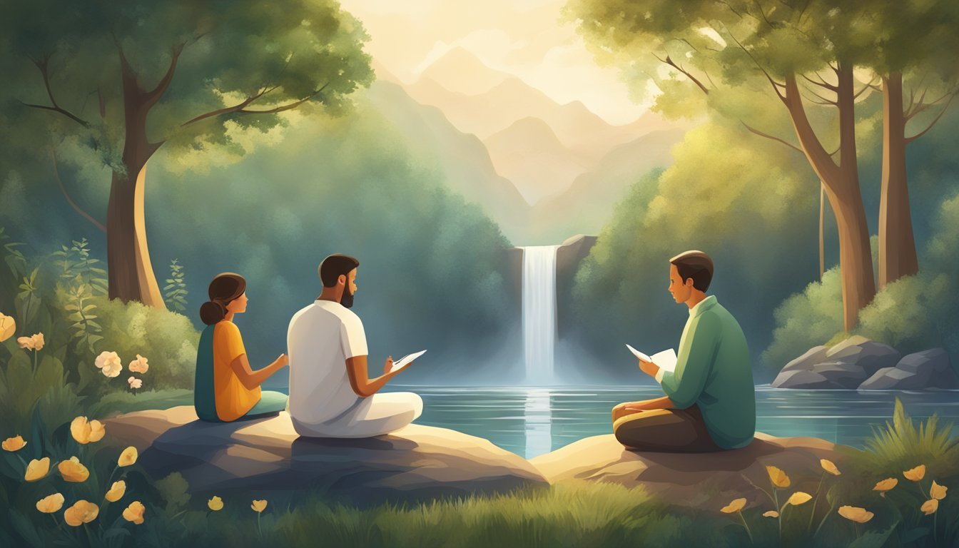 A serene setting with a counselor and client engaged in deep conversation, surrounded by symbols of spirituality and nature, representing the benefits and challenges of spiritual counseling