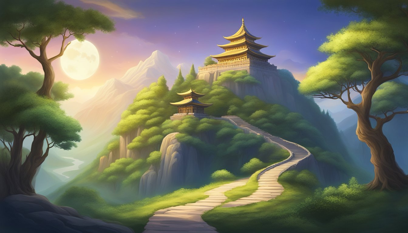 A serene mountain peak with a winding path leading to a glowing temple nestled among ancient trees