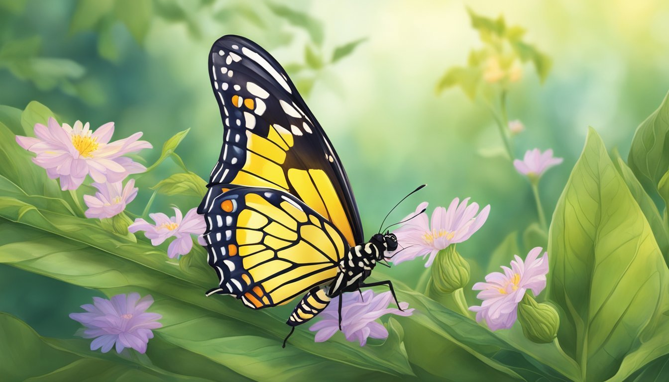 A caterpillar sheds its cocoon, emerging as a vibrant butterfly.</p><p>The butterfly flutters through a serene garden, symbolizing transformation and spiritual growth