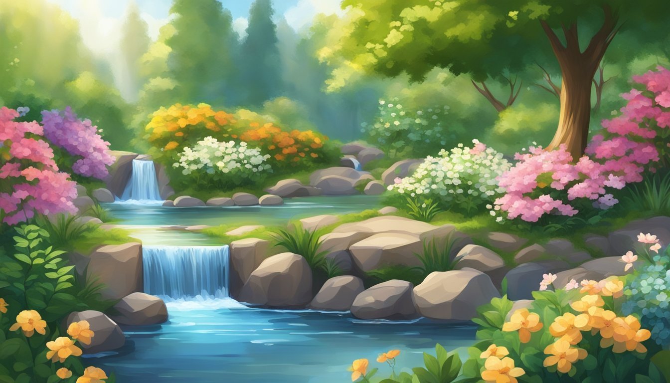 A serene garden with blooming flowers, a gentle stream, and a peaceful waterfall, surrounded by lush greenery and bathed in warm sunlight