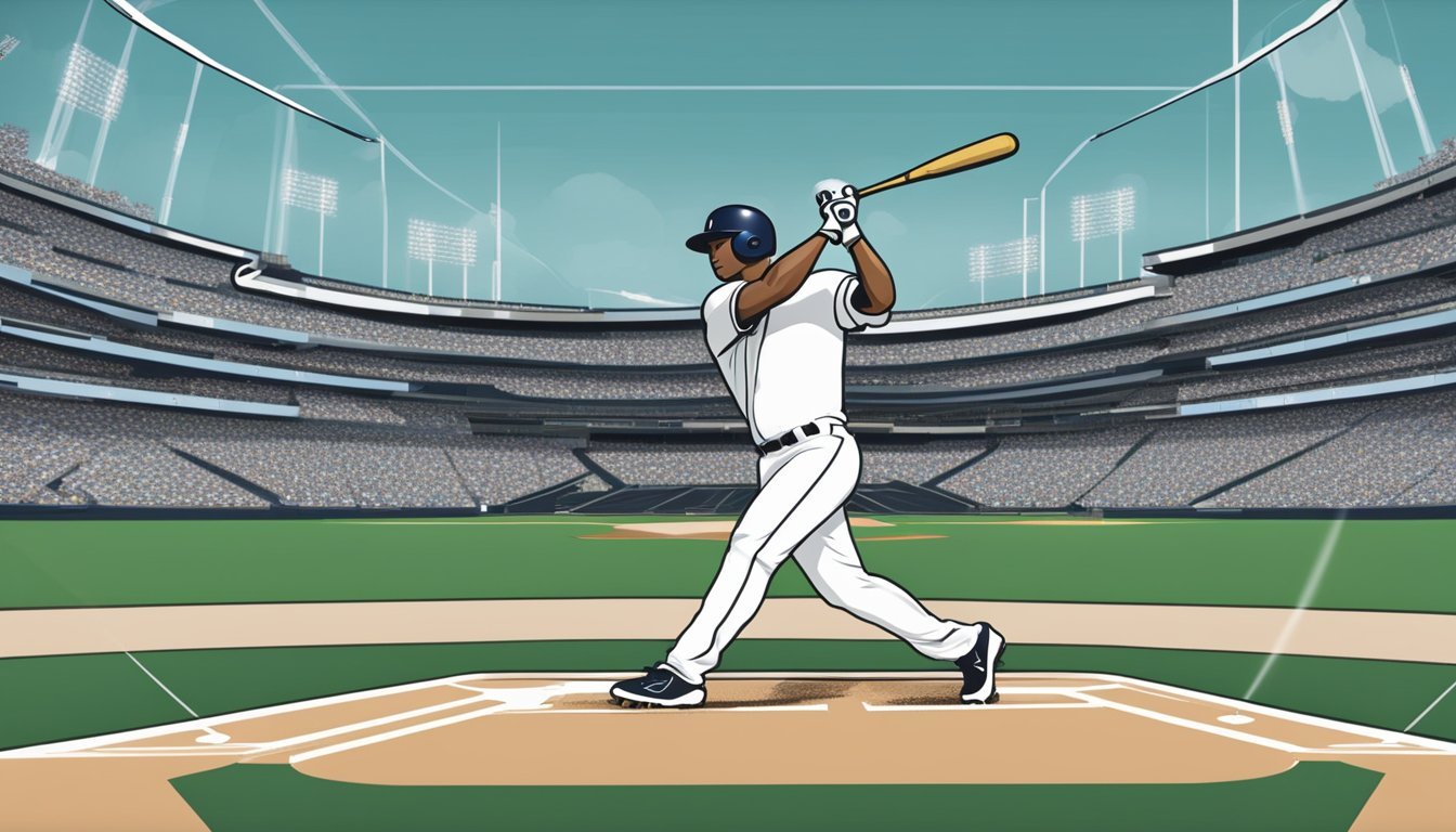 A baseball flying off a bat, with data visualizations surrounding the field, showcasing advanced metrics like launch angle and exit velocity