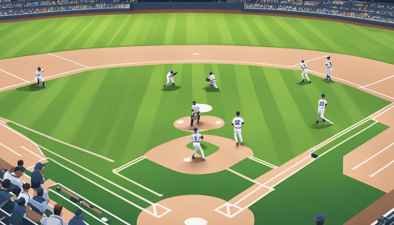 Baseball field with infielders positioned on one side of the field, outfielders shifted to one side, and batters adjusting their stance