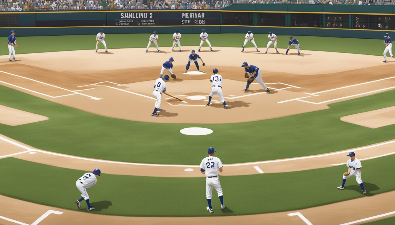 Baseball field with infielders positioned on one side of second base, outfielders shifted towards one side, and the batter adjusting his stance to counter the defensive shift