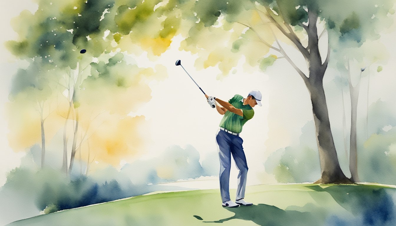 A golfer swings a club, focusing on proper form and technique.</p><p>The body rotates smoothly, the club follows through, and the ball soars through the air