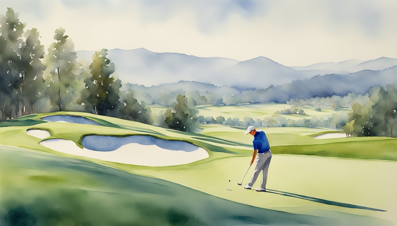 A golfer lines up a lag putt on undulating greens and slopes