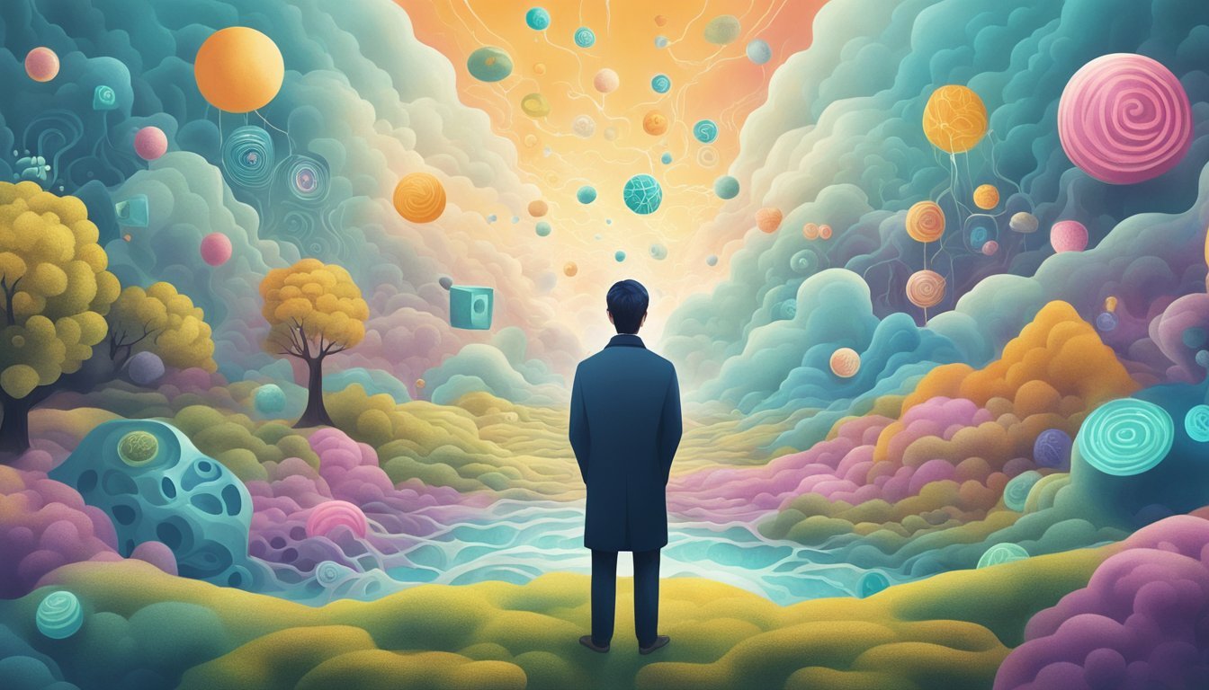 A person standing in a surreal landscape, surrounded by floating symbols and imagery representing the subconscious mind