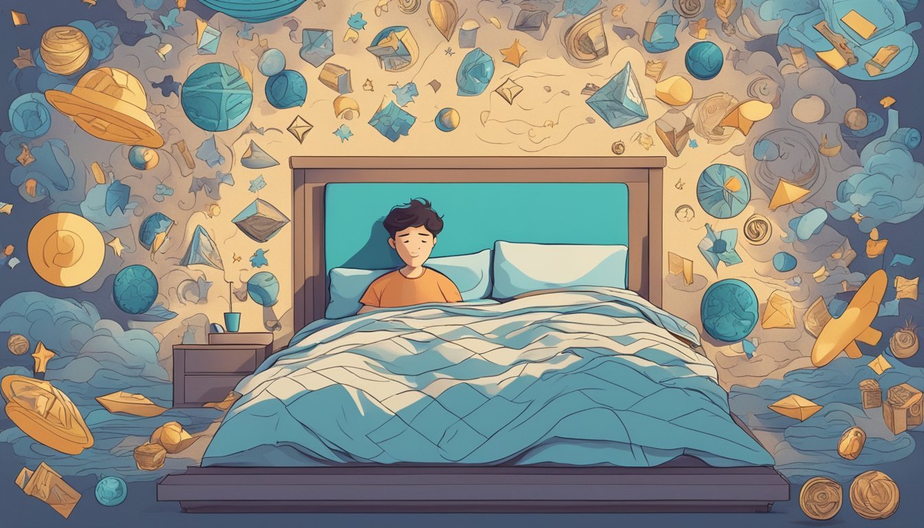 A person lying in bed, surrounded by floating symbols and images from their dreams, with a puzzled expression on their face