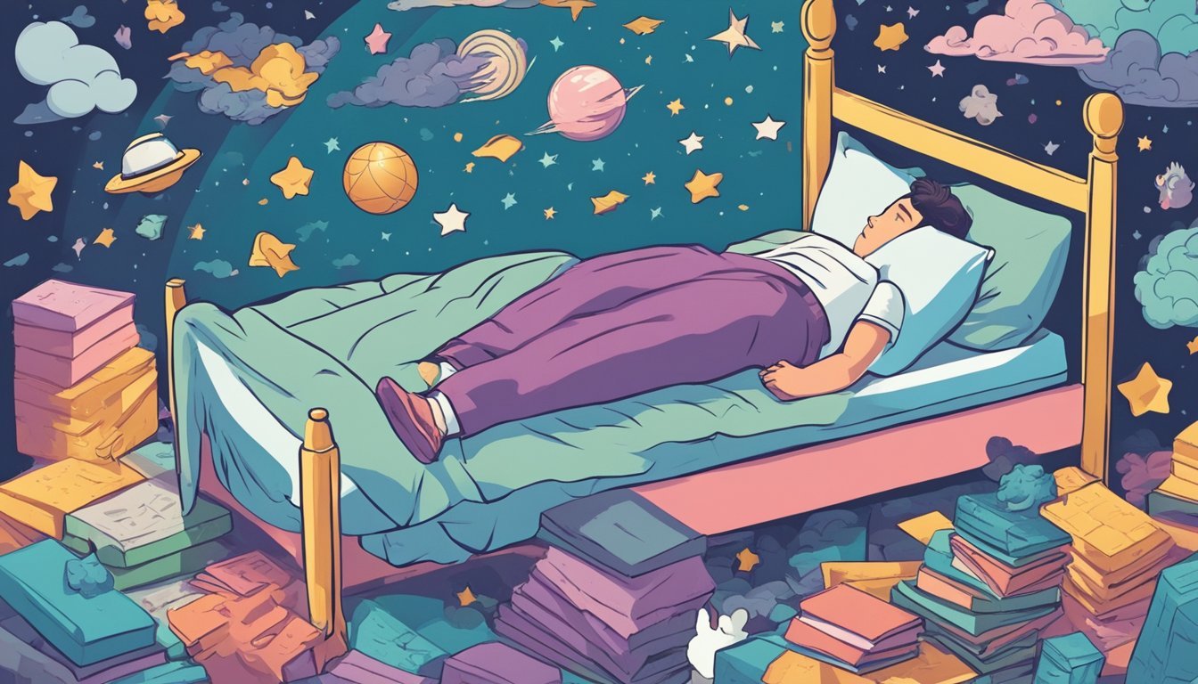 A person lying in bed, surrounded by various dream symbols such as flying, falling, or being chased.</p><p>A thought bubble with the question "What does my dream mean?" above their head