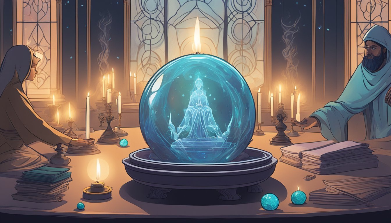 A medium sits in a dimly lit room, surrounded by candles and incense.</p><p>They focus on a crystal ball, while a ghostly figure hovers nearby, reaching out to communicate