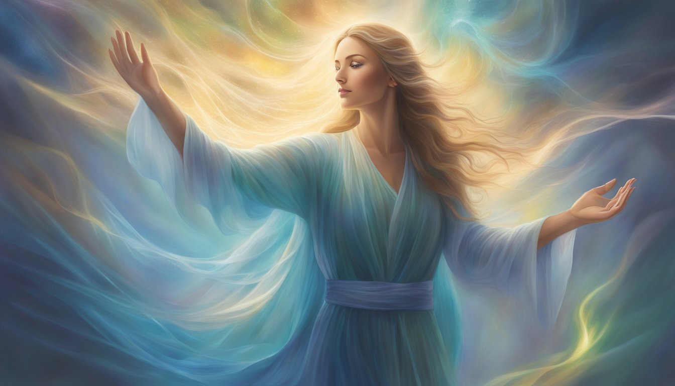 A figure surrounded by ethereal light, reaching out to touch the veil between worlds, as spirit energy flows around them, conveying the profound connection of mediumship