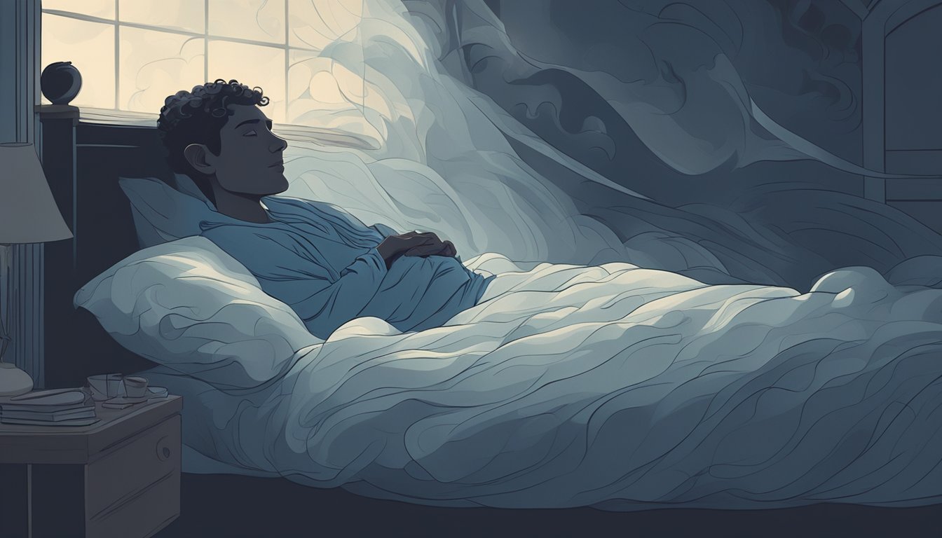 A figure lies in bed, surrounded by a swirling mist.</p><p>A shadowy silhouette of a person hovers above, their face obscured by darkness