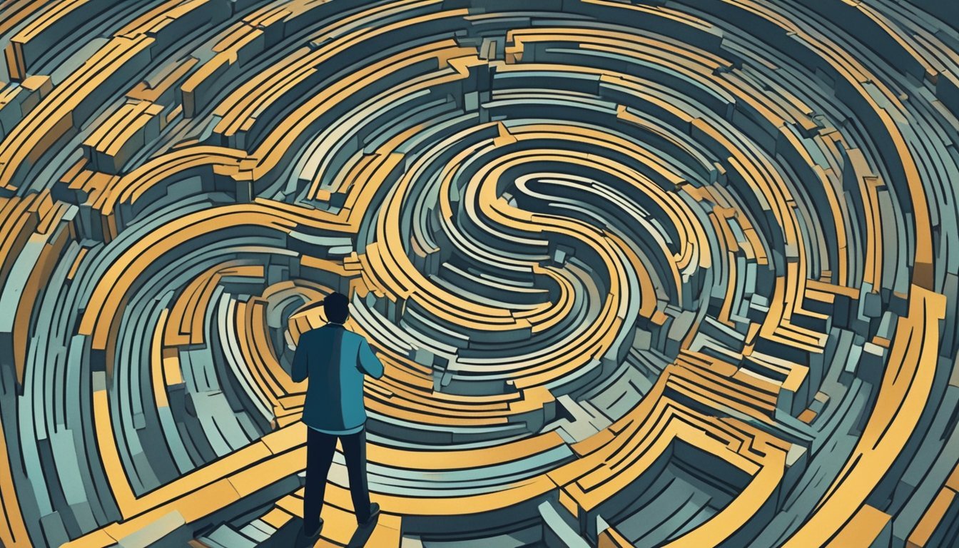 A figure stands in a maze of swirling patterns, reaching out towards a distant silhouette.</p><p>The dreamer's face shows confusion and frustration