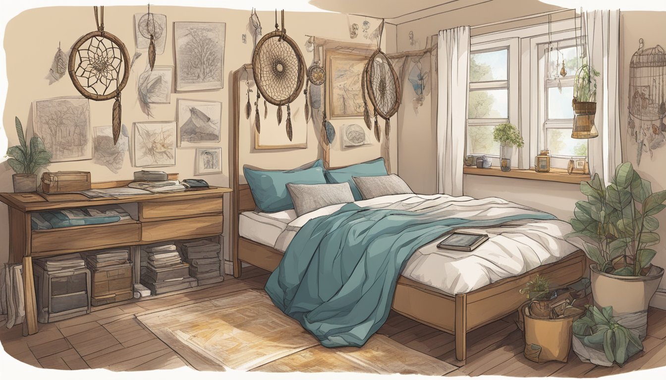 A dreamcatcher hangs above a bed, with various symbols and images representing the recurring person.</p><p>A journal is open, filled with notes and sketches of the dreams