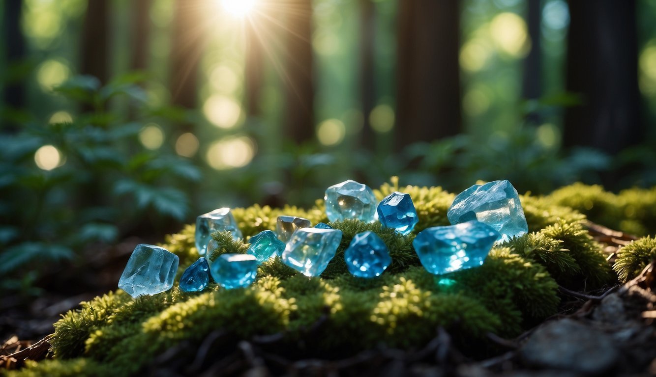 A serene forest clearing with sunlight filtering through trees, illuminating a collection of smooth, calming crystals in various shades of blue and green