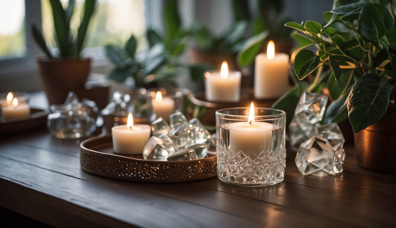 A serene setting with crystals arranged on a table, surrounded by calming elements like candles and plants.</p><p>The crystals radiate a soothing energy, creating a peaceful atmosphere for daily use