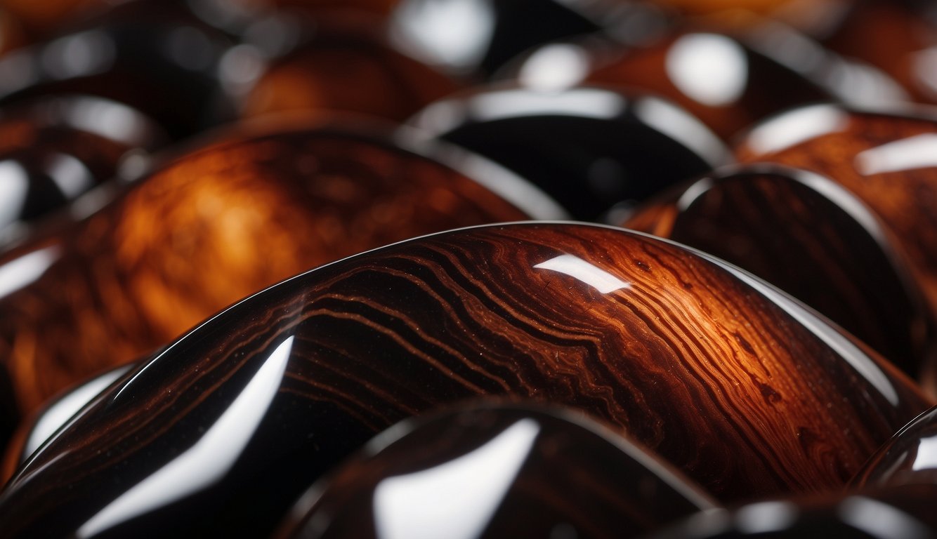 A smooth mahogany obsidian stone glistens in the sunlight, revealing its deep brown and black hues with streaks of red, creating a captivating and mesmerizing pattern