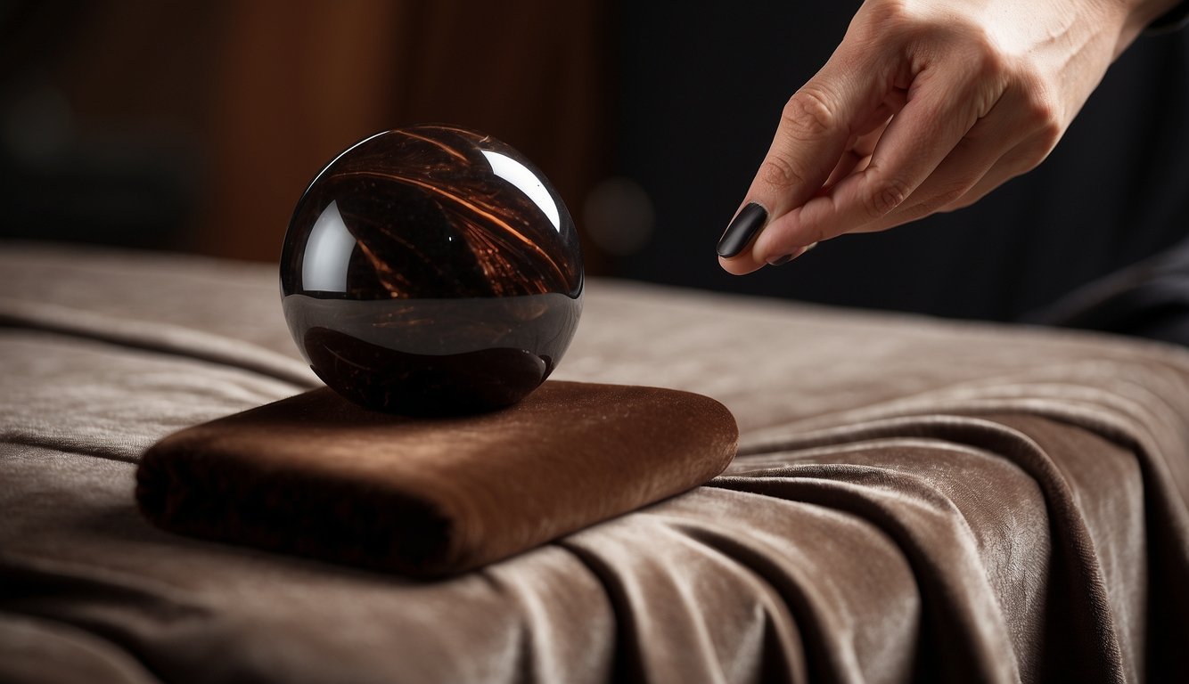 A hand reaches for a smooth mahogany obsidian stone, polishing it with a soft cloth, then carefully placing it back on a velvet cushion