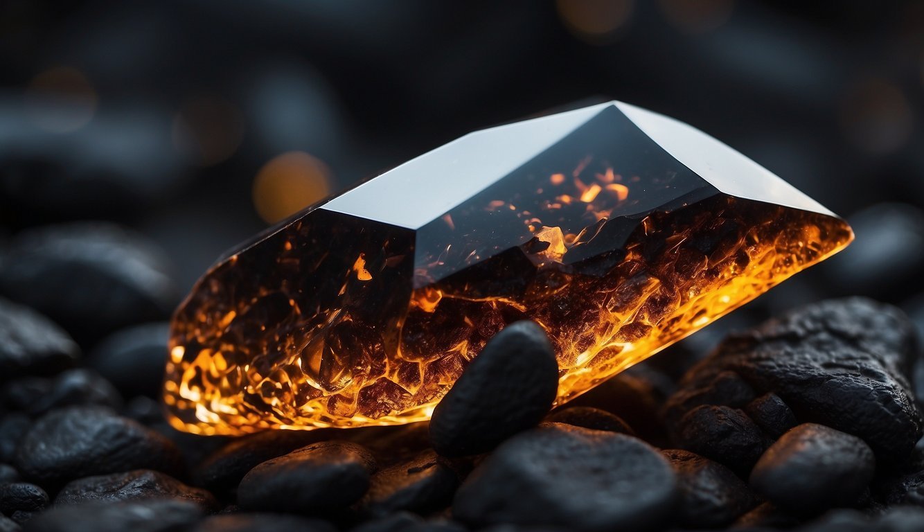 A dark, glossy shard of obsidian reflects the fiery glow of molten lava, surrounded by jagged rocks and billowing smoke