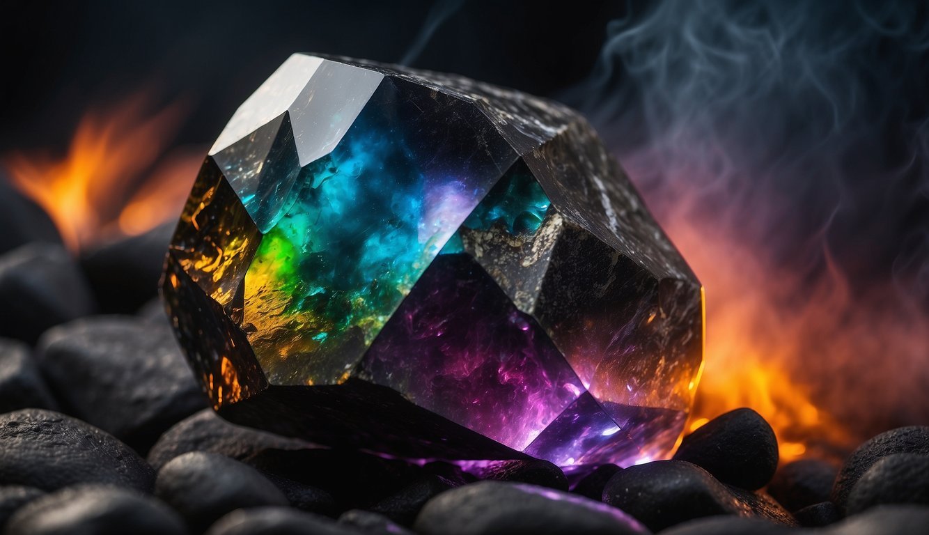 A dark, glossy rock with sharp edges, reflecting light in rainbow colors, surrounded by smoke and glowing embers