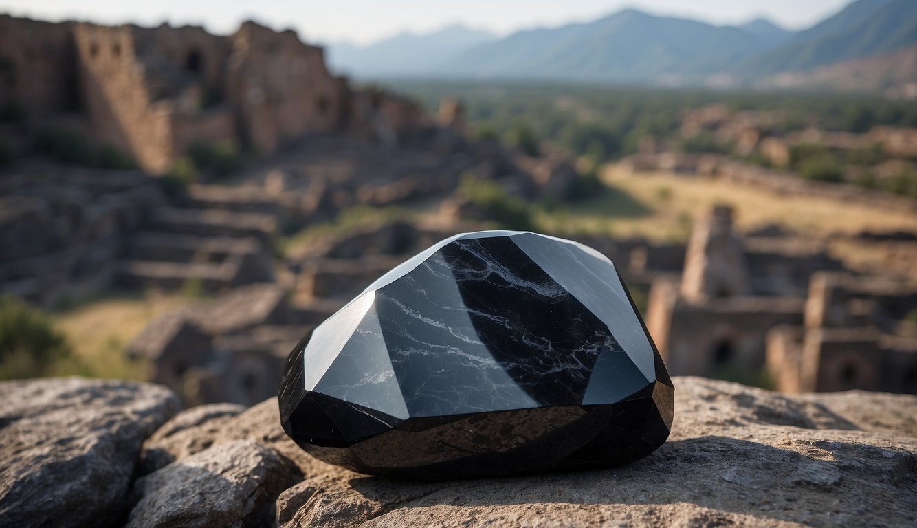 A dark, glossy obsidian rock lies against a backdrop of ancient ruins, symbolizing the mysterious and significant cultural history of volcanic glass