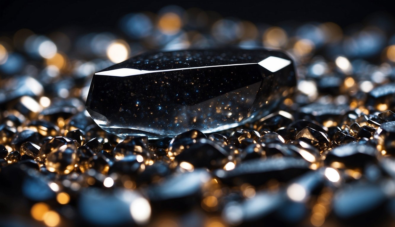 A dark, glossy piece of obsidian rests on a bed of shimmering crystals, emitting an aura of mystery and power