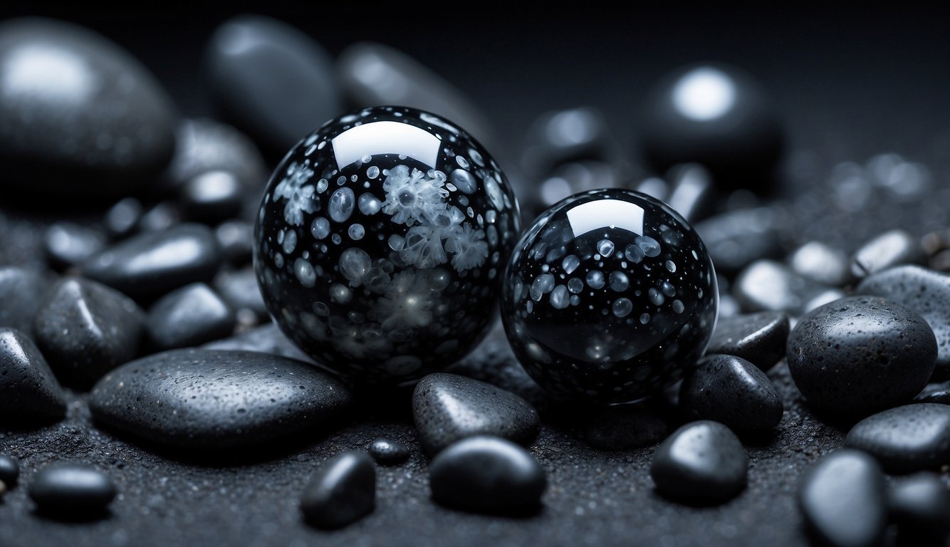 Snowflake obsidian glistens in the moonlight, contrasting against the dark, rocky background