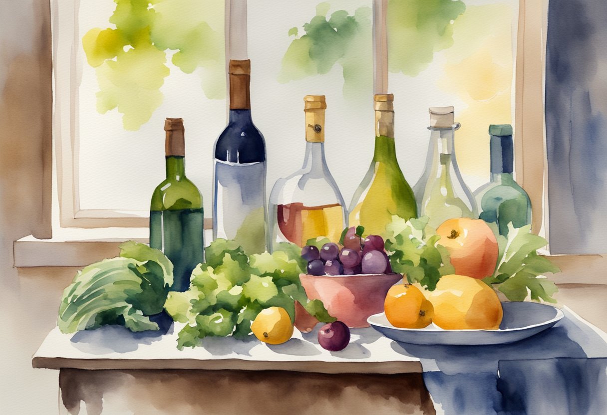 A table with a variety of wine bottles, fresh fruits, and vegetables.</p><p>A scale and a measuring tape are nearby