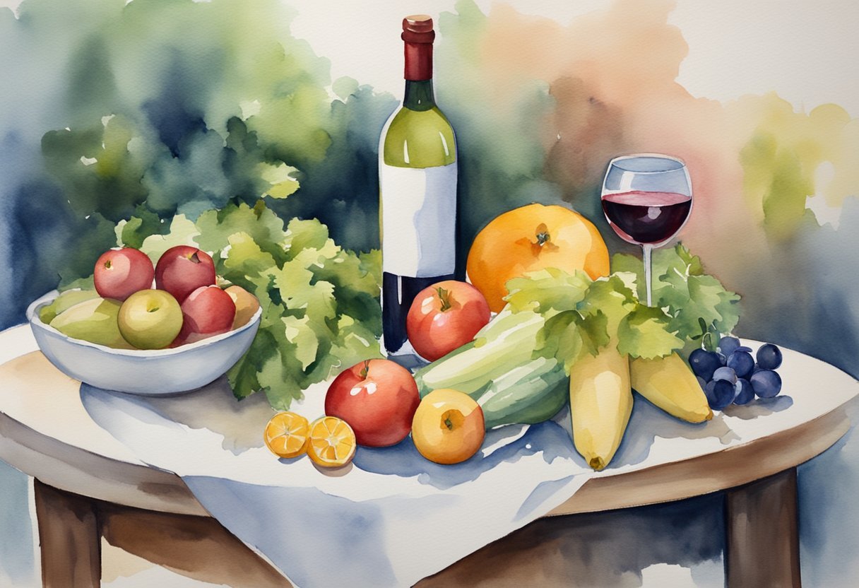 A table adorned with bottles of red and white wine, surrounded by fresh fruits and vegetables.</p><p>A scale sits nearby, symbolizing the connection between wine and weight loss