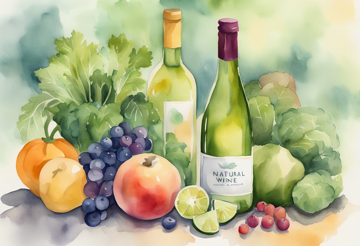 A bottle of wine surrounded by fresh fruits and vegetables, with a clear label listing natural ingredients