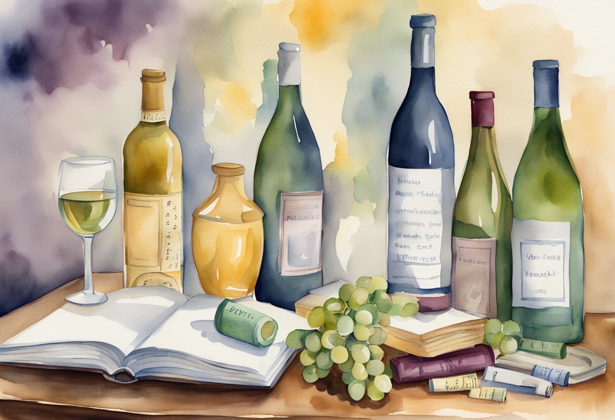 A table with various wine bottles labeled "best for weight loss." A scale and measuring tape nearby.</p><p>An open book with "Frequently Asked Questions" on the cover