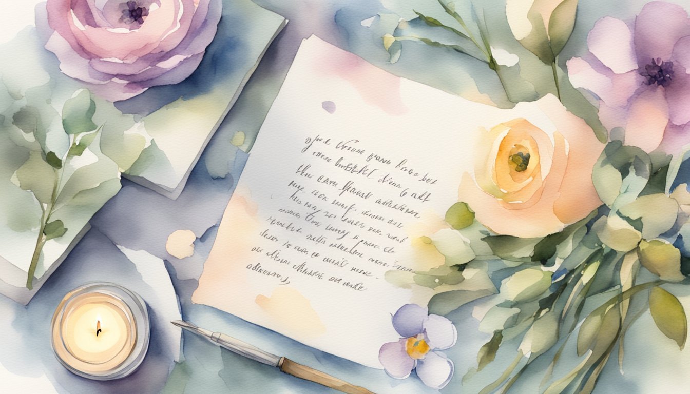 A handwritten note with a heartfelt message sits on a table, surrounded by comforting items like a candle, flowers, and a soft blanket