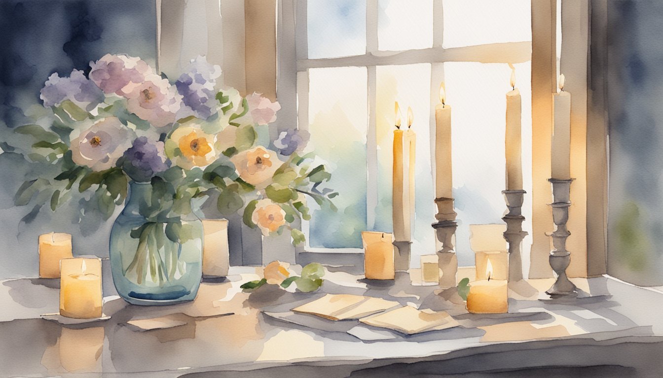 A table with candles, flowers, and condolence cards.</p><p>A somber atmosphere with soft lighting and muted colors