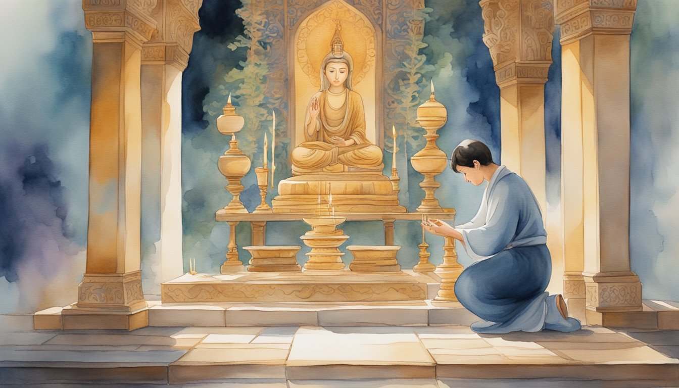 A serene temple with incense, candles, and religious symbols.</p><p>A person kneels in prayer, surrounded by comforting spiritual imagery