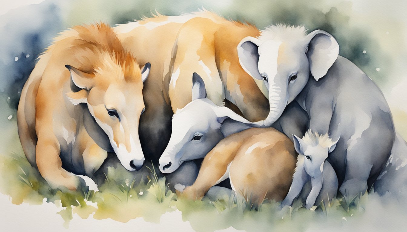 A group of animals huddle together, with some nuzzling and others resting their heads on each other, conveying a sense of comfort and support